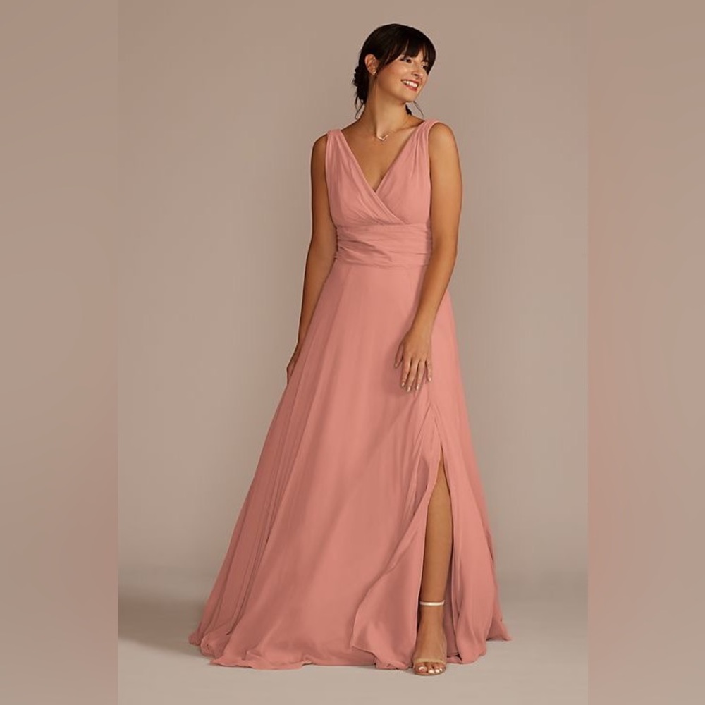 David’s Bridal long chiffon surplice tank bridesmaid dress in color Desert Coral